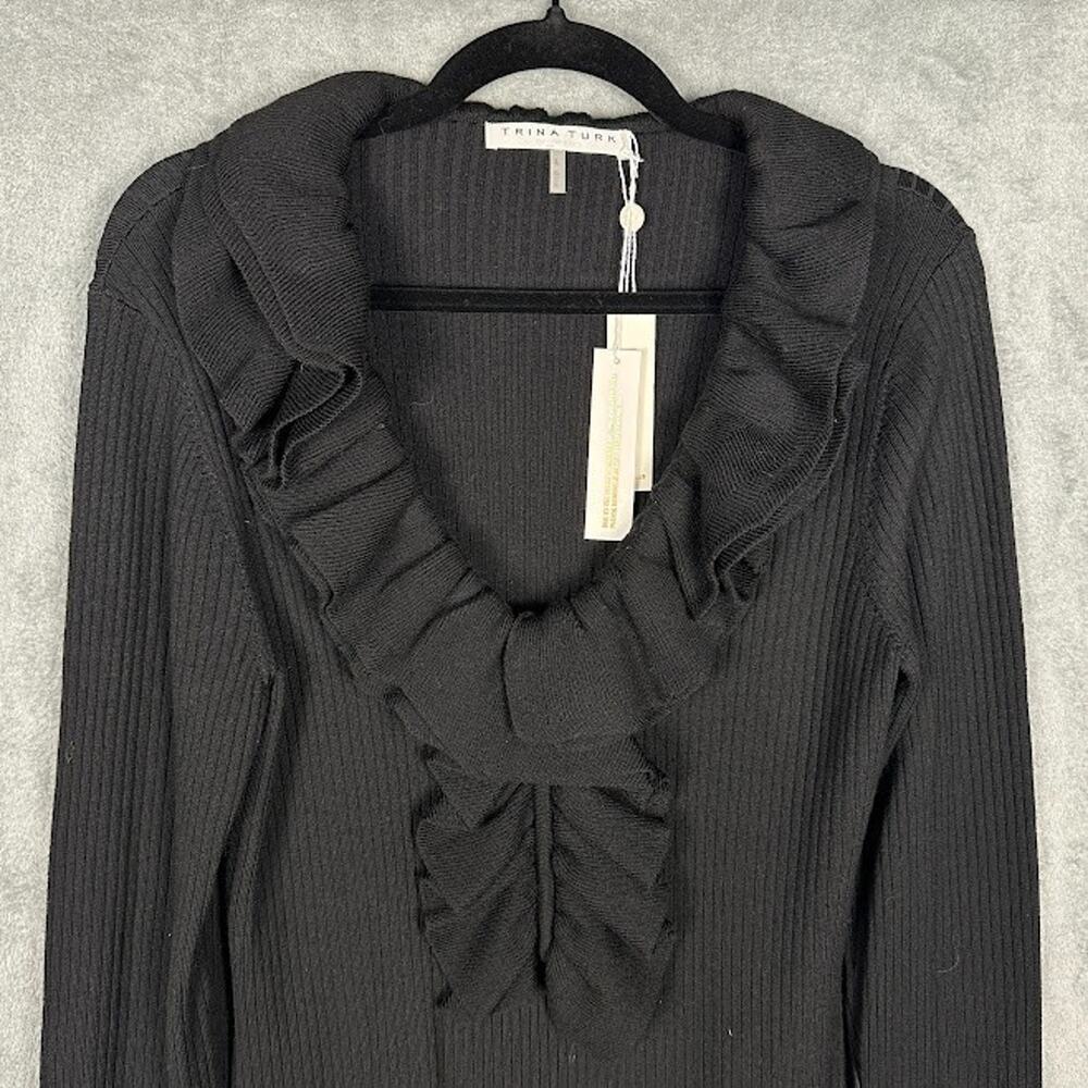 Trina Turk Dress Womens Large Black Quill Ruffle Sweater Quiet Luxury Party - Picture 3 of 13